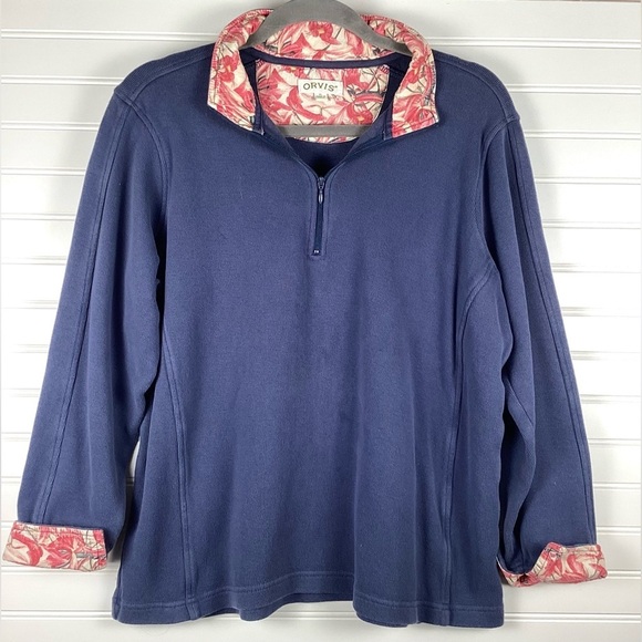Orvis Tops - Orvis 1/4 Zip Pullover Womens Size XL Blue Floral Trim Preppy Cuffed Cotton
